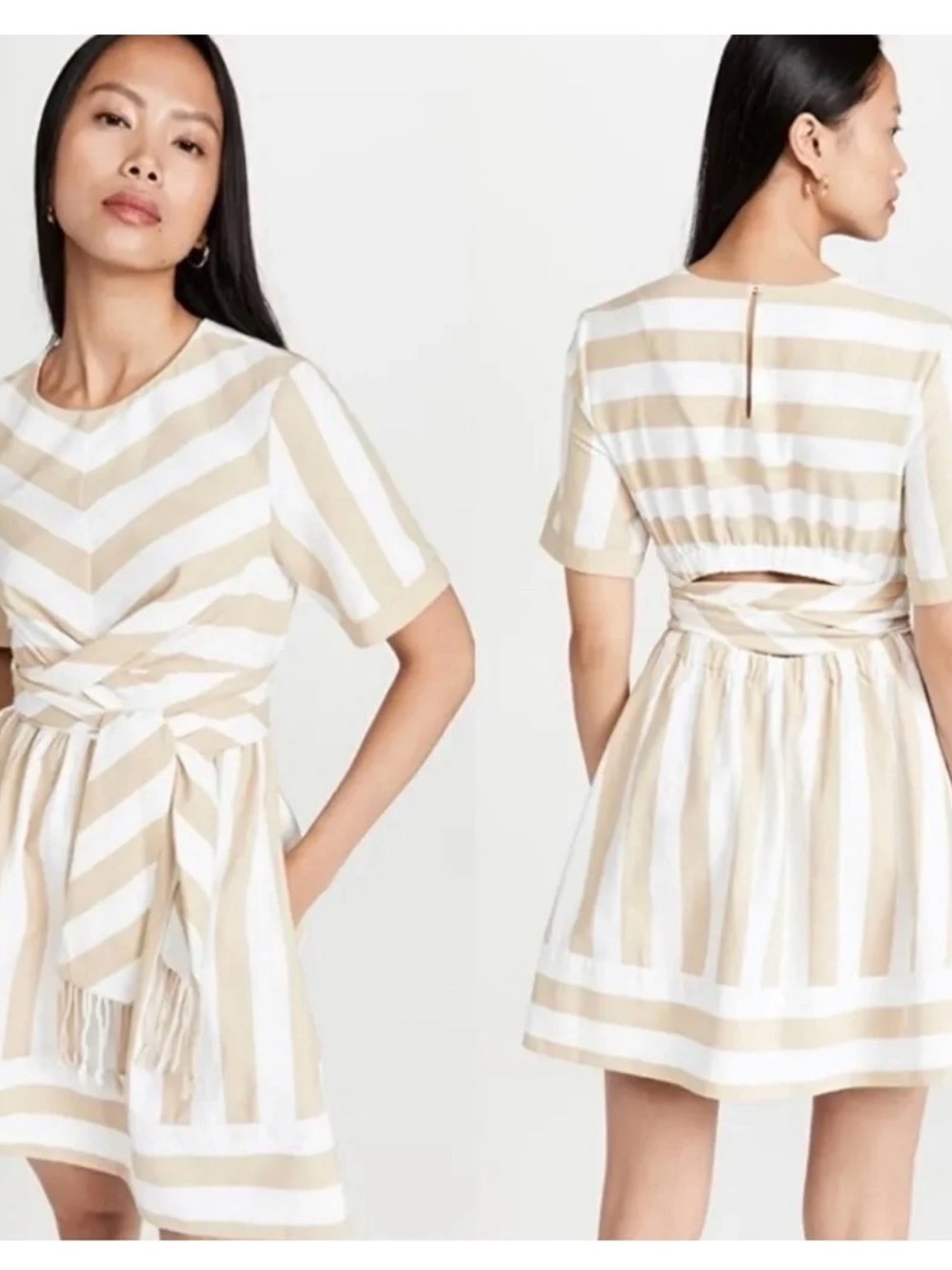 STAUD Beige and White Striped Tie-Waist Short Dress